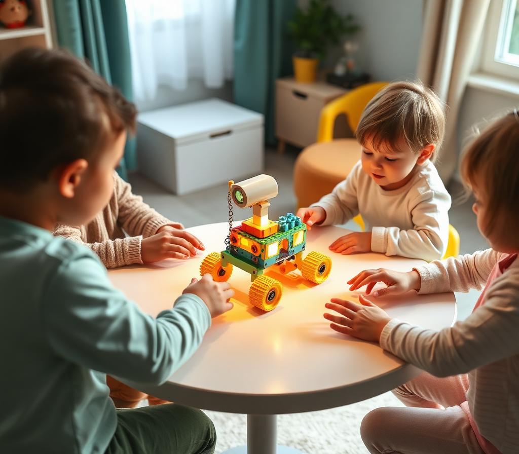 Children's hands working together around a shared building-block project with a facilitator nearby and a glowing light module