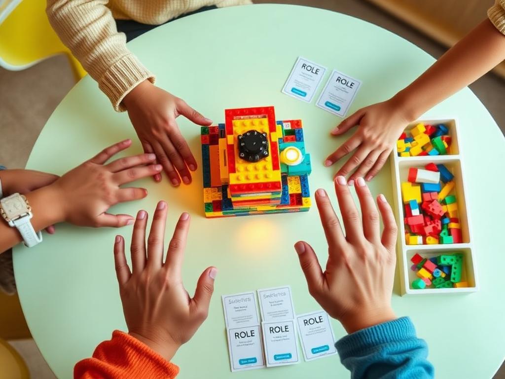 Three children's hands around one shared building-block model with role cards and sorted brick trays on a bright table